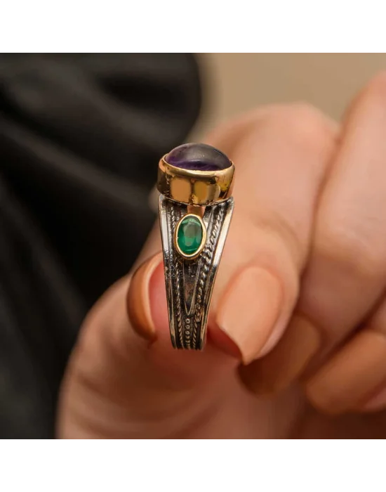 Gümüş Ametist Taşlı Zümrüt Otantik Ayarlanabilir Kadın Yüzük