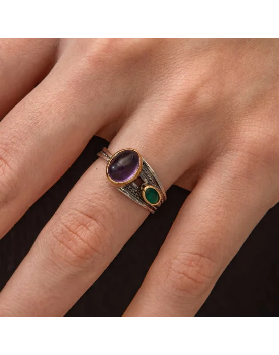 Gümüş Ametist Taşlı Zümrüt Otantik Ayarlanabilir Kadın Yüzük