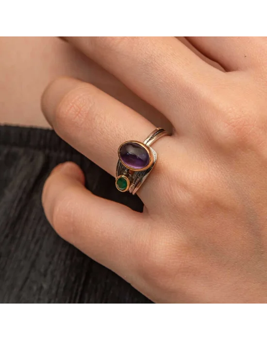 Gümüş Ametist Taşlı Zümrüt Otantik Ayarlanabilir Kadın Yüzük