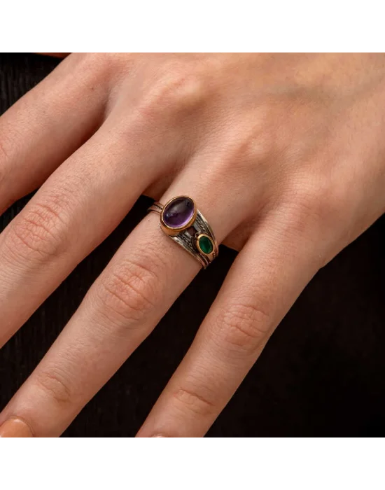 Gümüş Ametist Taşlı Zümrüt Otantik Ayarlanabilir Kadın Yüzük