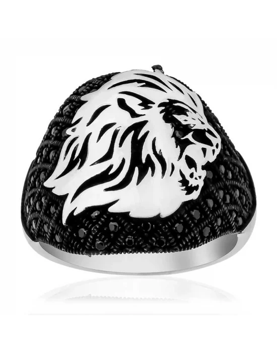 Gümüş Aslan Kafası Figürlü Erkek Yüzük