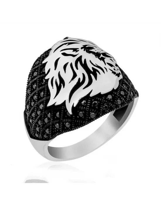 Gümüş Aslan Kafası Figürlü Erkek Yüzük
