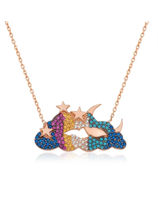 Gümüş Ay Yıldız Bulut Bayan Kolye