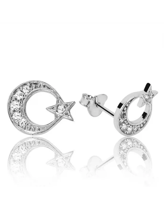 Gümüş Ay Yıldız Çivili Küpe