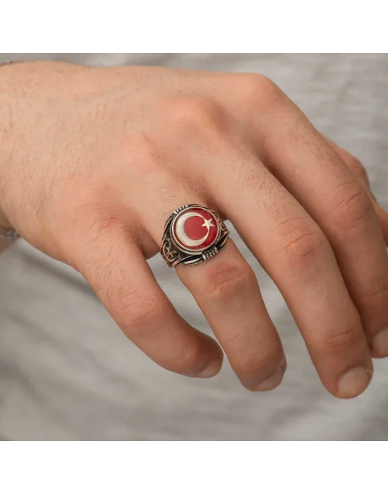 Gümüş Ay Yıldız Erkek Yüzük