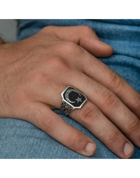 Gümüş Ay Yıldız Erkek Yüzük