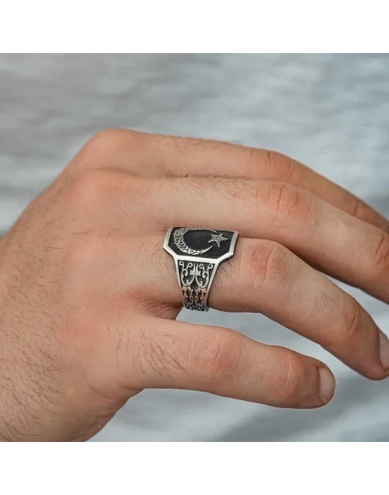 Gümüş Ay Yıldız Erkek Yüzük