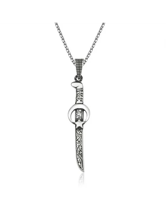 Gümüş Ay Yıldız Kılıç Erkek Kolye