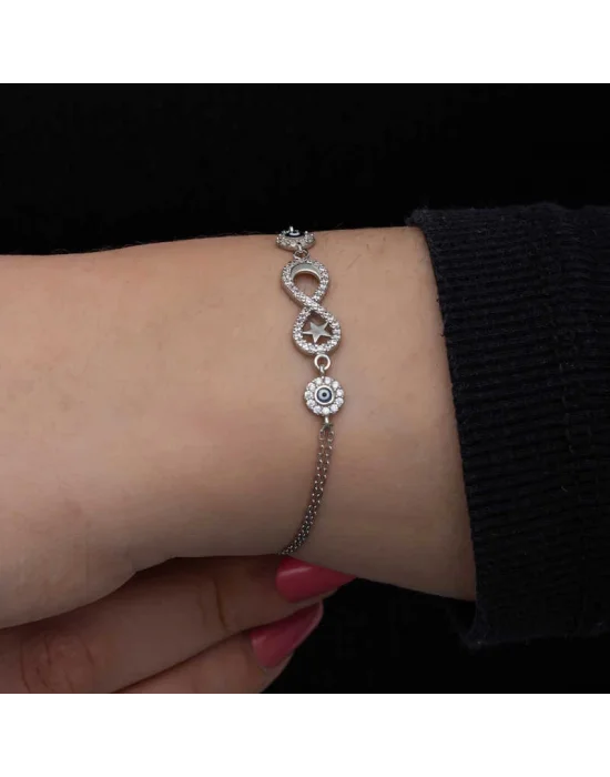 Gümüş Ay Yıldız Nazarlı Sonsuzluk Kadın Bileklik