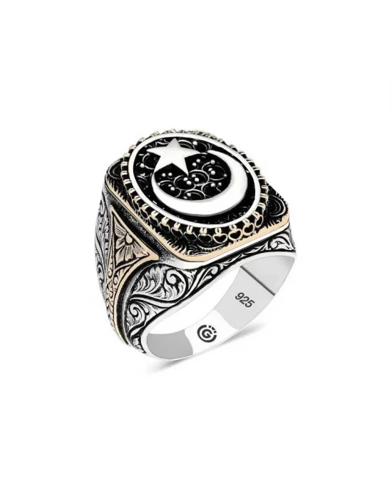 Gümüş Ay yıldız Oval Erkek Yüzük