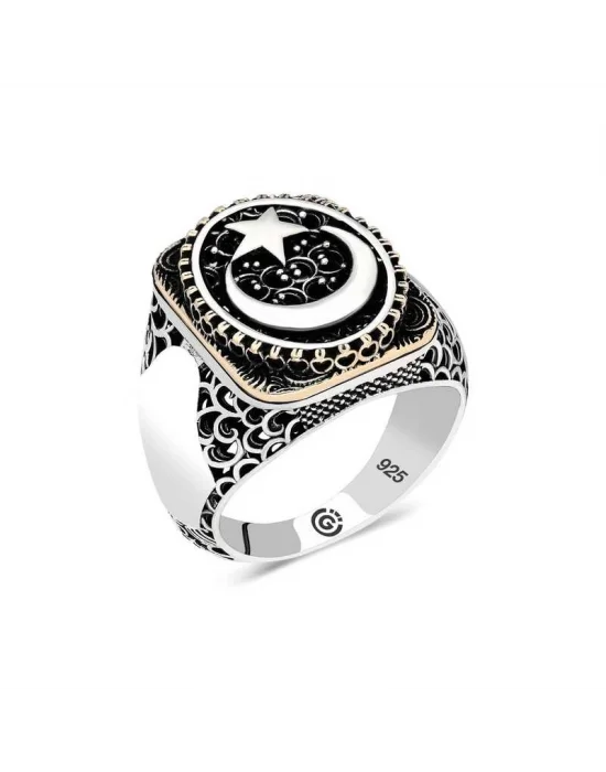 Gümüş Ay yıldız Oval Erkek Yüzük