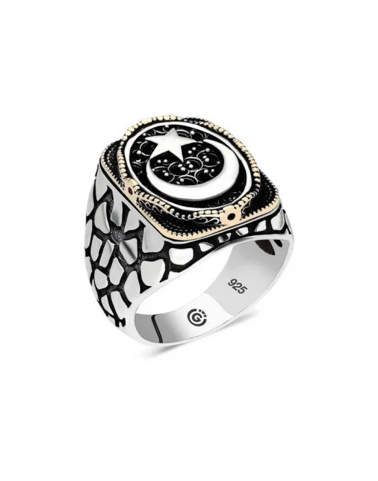 Gümüş Ay yıldız Oval Erkek Yüzük