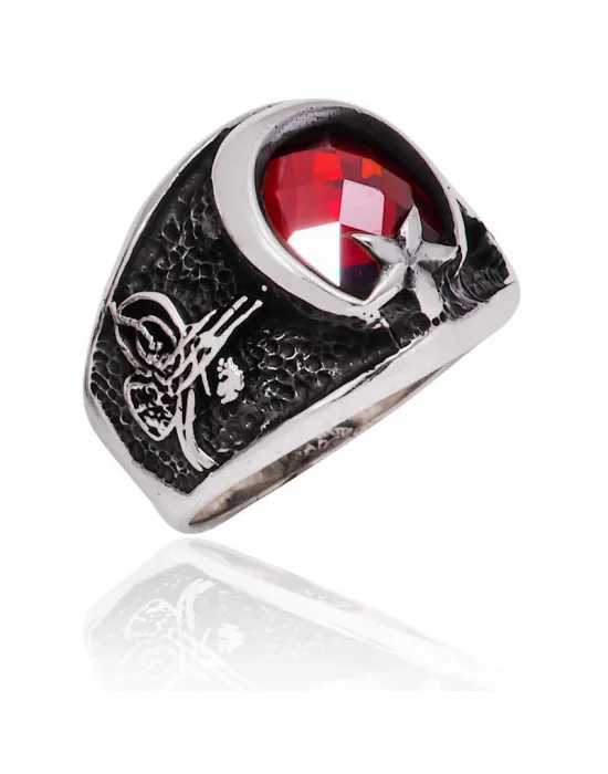 Gümüş Ay Yıldız Tuğra Erkek Yüzük