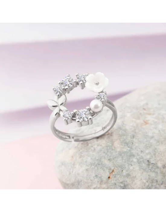 Gümüş Ayarlanabilir Manolya Çiçeği Kadın Yüzük