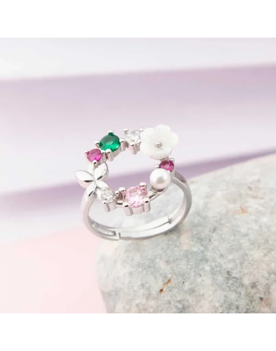 Gümüş Ayarlanabilir Renkli Manolya Çiçeği Kadın Yüzük