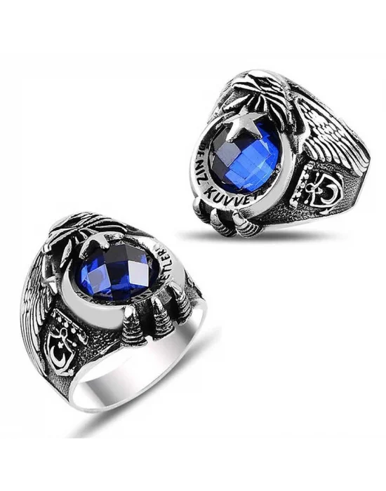 Gümüş Ayyıldız Deniz Kuvvetleri Mavi Taşlı Erkek Yüzük