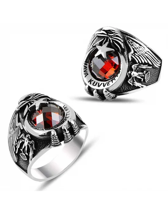 Gümüş Ayyıldız Hava Kuvvetleri Kırmızı Taşlı Erkek Yüzük