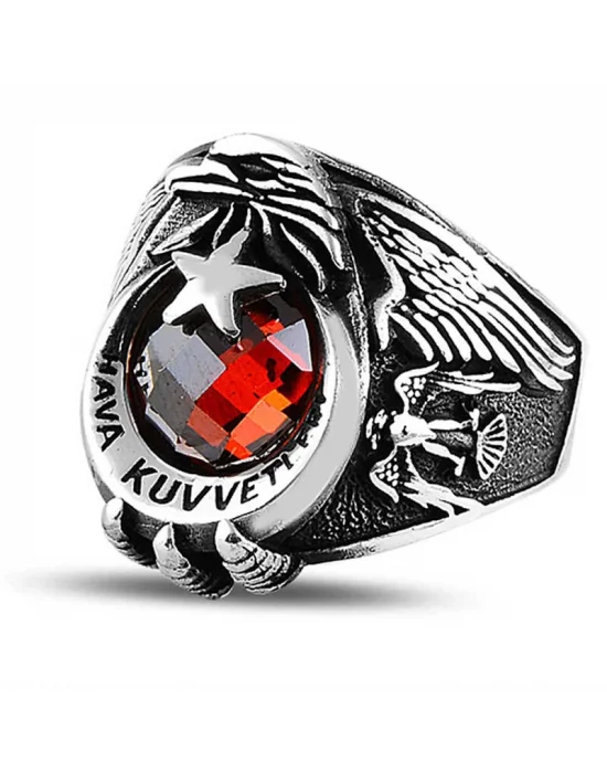 Gümüş Ayyıldız Hava Kuvvetleri Kırmızı Taşlı Erkek Yüzük