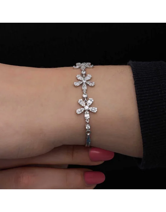 Gümüş Baget Çiçek Desenli Kadın Bileklik