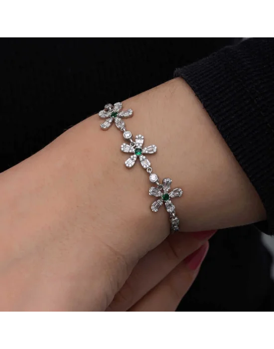 Gümüş Baget Çiçek Desenli Kadın Bileklik