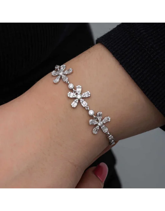 Gümüş Baget Çiçek Desenli Kadın Bileklik