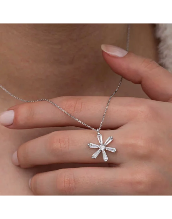 Gümüş Baget Taşlı Çiçek Kadın Kolye