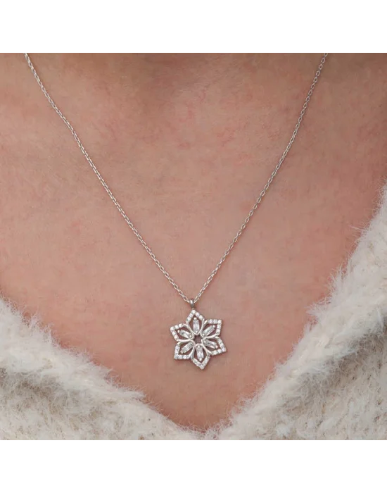 Gümüş Baget Taşlı Çiçek Kadın Kolye