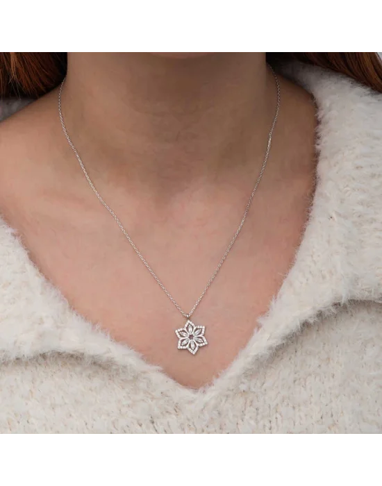 Gümüş Baget Taşlı Çiçek Kadın Kolye