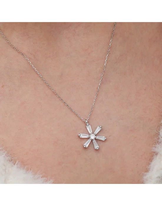 Gümüş Baget Taşlı Çiçek Kadın Kolye