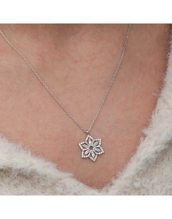 Gümüş Baget Taşlı Çiçek Kadın Kolye