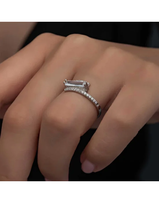 Gümüş Baget Taşlı Kadın Yüzük