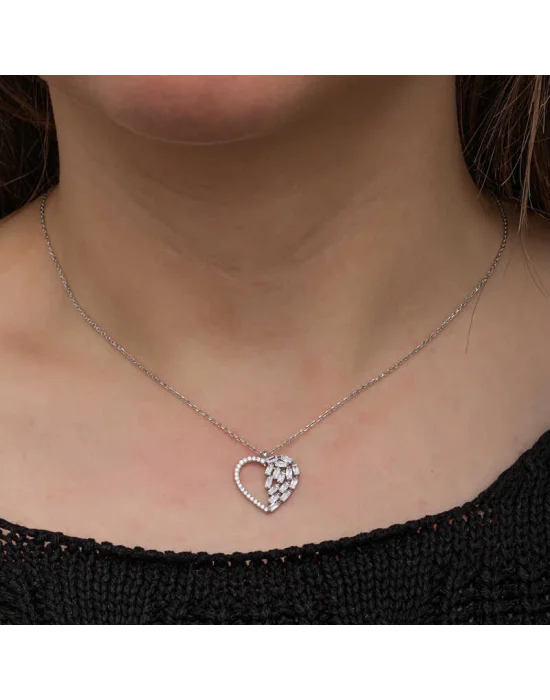Gümüş Baget Taşlı Kalp Kadın Kolye