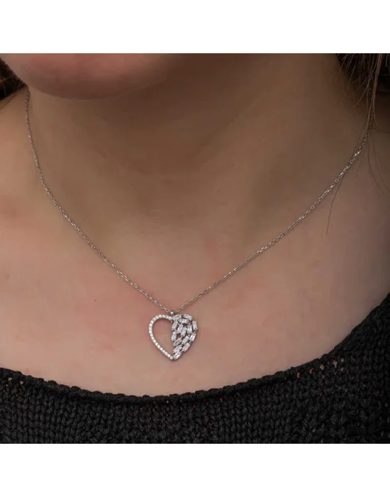 Gümüş Baget Taşlı Kalp Kadın Kolye