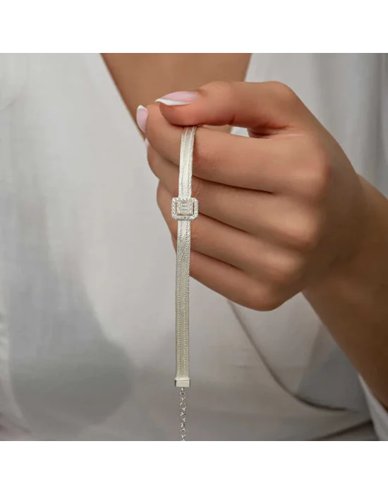 Gümüş Baget Taşlı Trabzon Hasır Kadın Bileklik