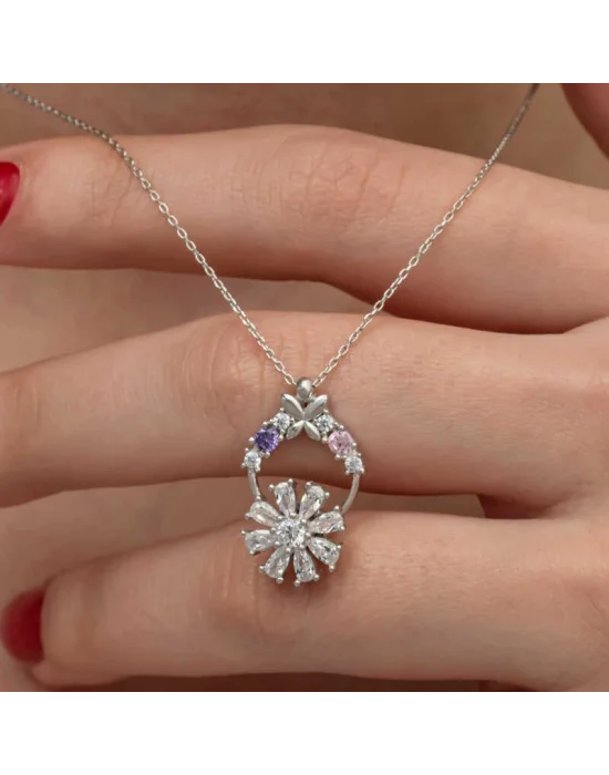 Gümüş Beyaz Dönen Çiçek Kadın Kolye