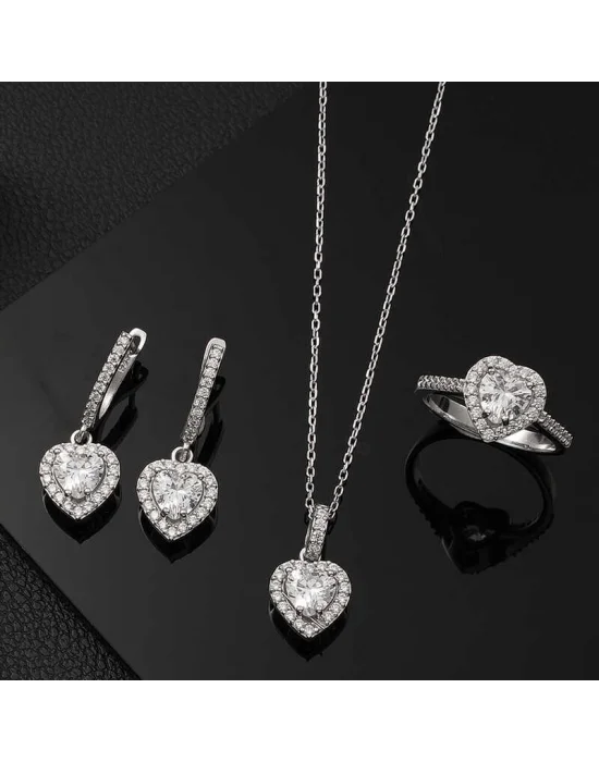 Gümüş Beyaz Taşlı Kalpli Kadın Set
