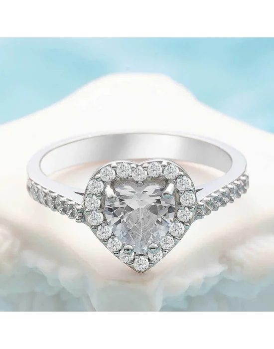 Gümüş Beyaz Taşlı Kalpli Kadın Yüzük