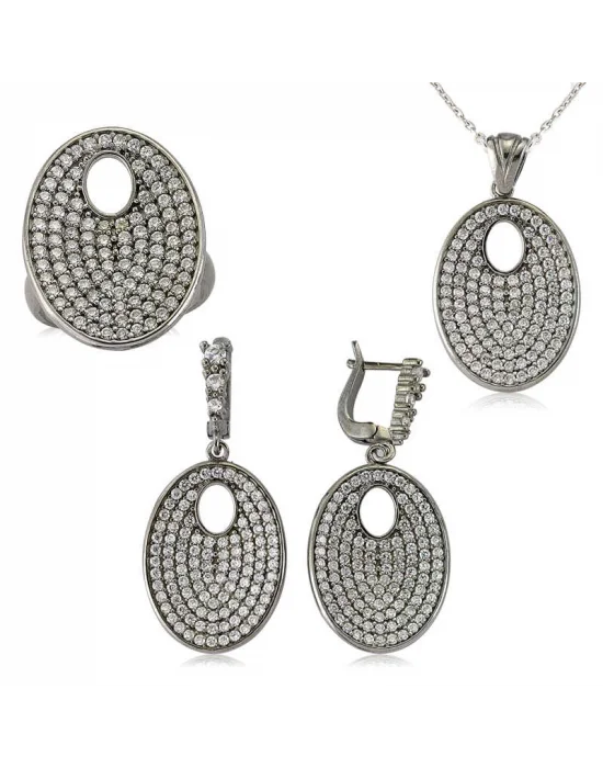 Gümüş Beyaz Taşlı Oval Bayan Set