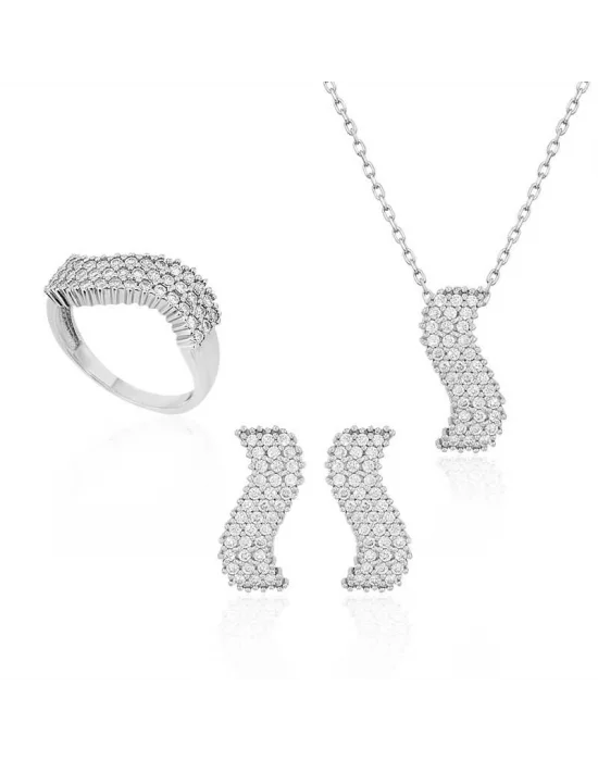 Gümüş Beyaz Taşlı Su Yolu Bayan Set