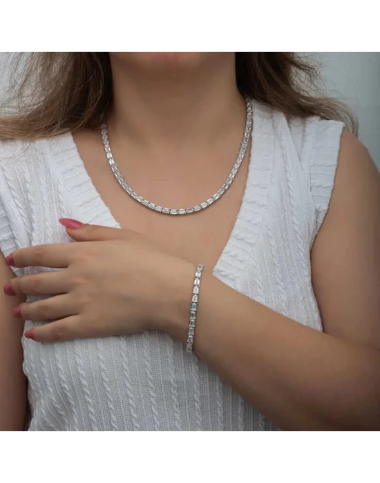 Gümüş Beyaz Taşlı Su Yolu Kadın Set