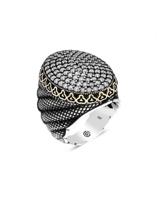 Gümüş Beyaz Zirkon Taşlı Oval Erkek Yüzük