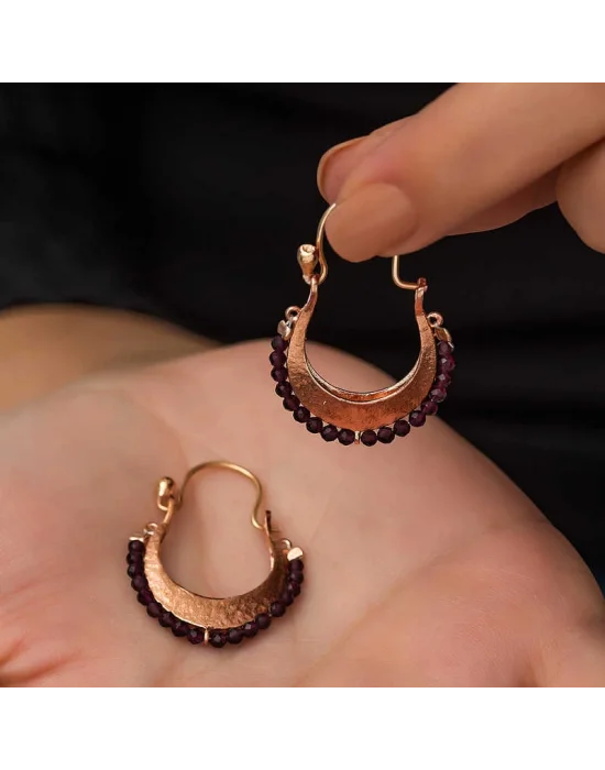 Gümüş Bordo Taşlı Bohem Küpe