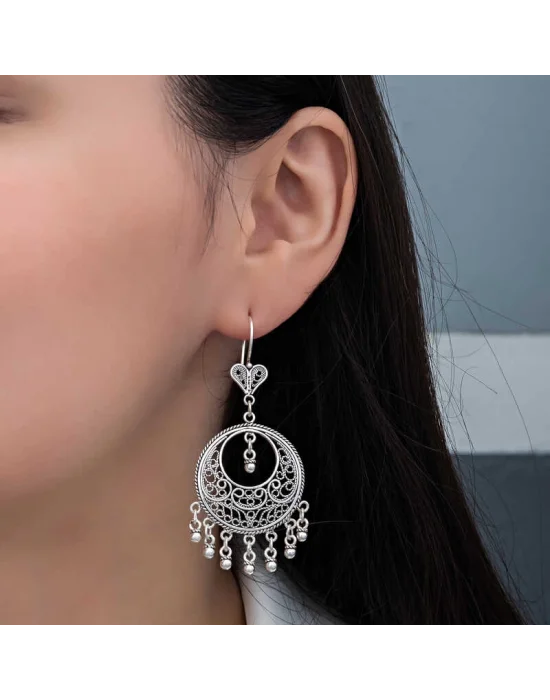 Gümüş Çember Telkari Sallantılı Kadın Küpe