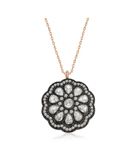 Gümüş Çiçek Desenli Elmas Montür Kolye