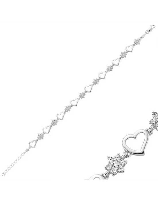 Gümüş Çiçek Kalp Bayan Bileklik