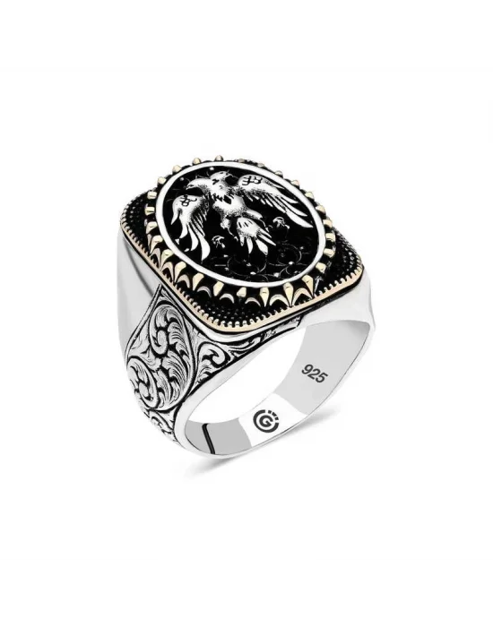 Gümüş Çift Başlı Kartal Oval Erkek Yüzük