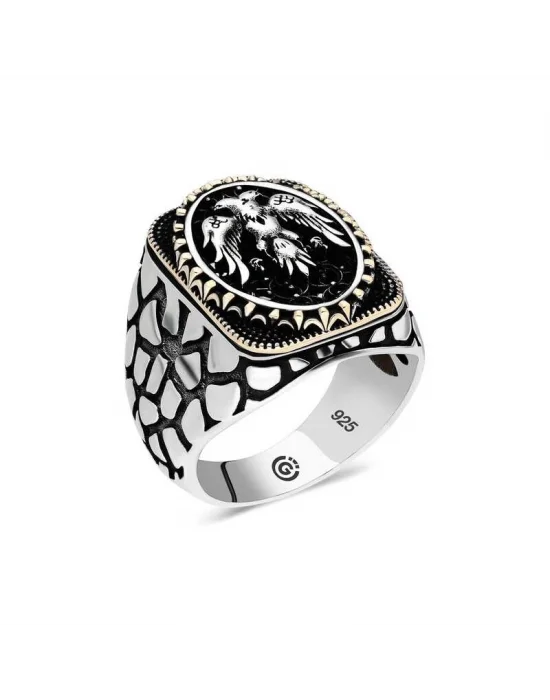 Gümüş Çift Başlı Kartal Oval Erkek Yüzük