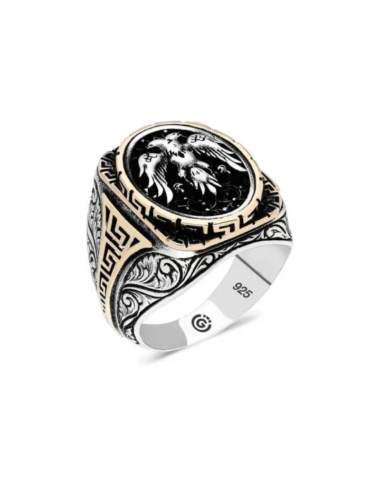 Gümüş Çift Başlı Kartal Oval Erkek Yüzük