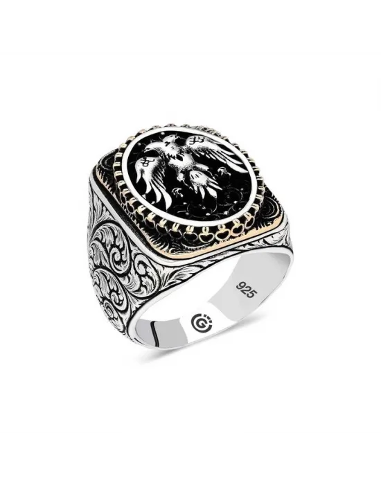 Gümüş Çift Başlı Kartal Oval Erkek Yüzük