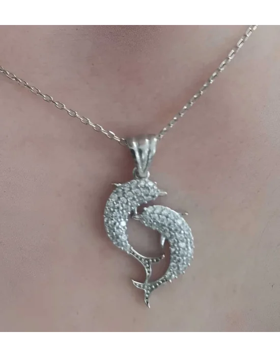 Gümüş Çift Yunus Balığı Kadın Kolye